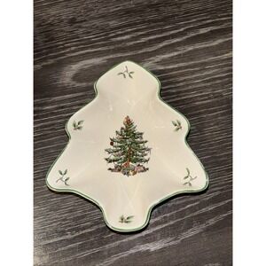 VTG Spode England Christmas Tree Shaped Scalloped Candy Dish S3324-A17Green Trim